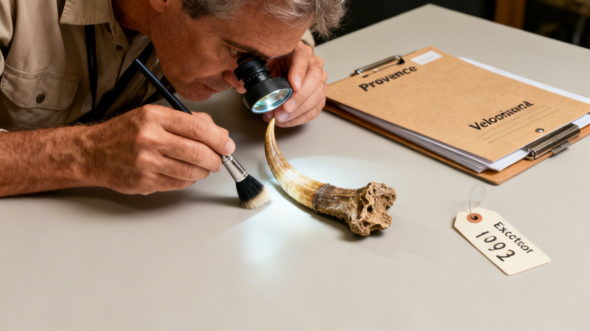 A paleontologist examines a large fossilized claw or horn with a lighted magnifying loupe and brush.