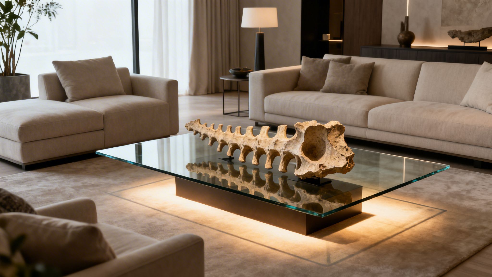 A modern living room featuring beige sofas, a glass coffee table, and a large vertebrae fossil sculpture.