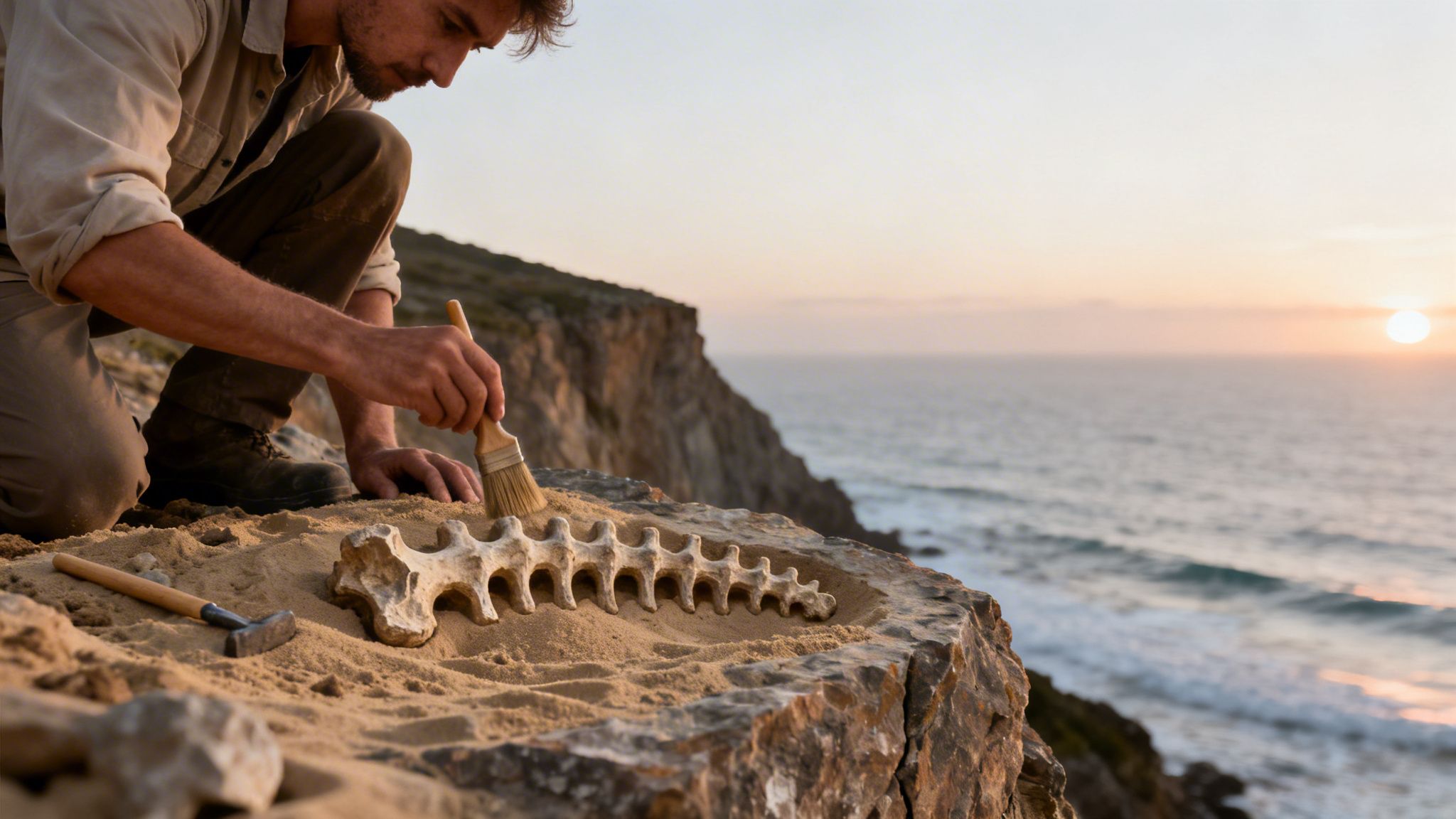 A paleontologist carefully brushes sand from a fossilized vertebrae sequence on a cliff overlooking the ocean at sunset.