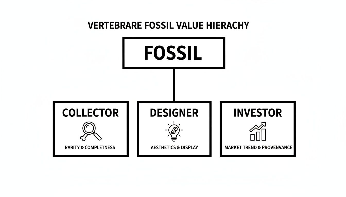Diagram illustrating vertebrae fossil value hierarchy based on collector, designer, and investor criteria.