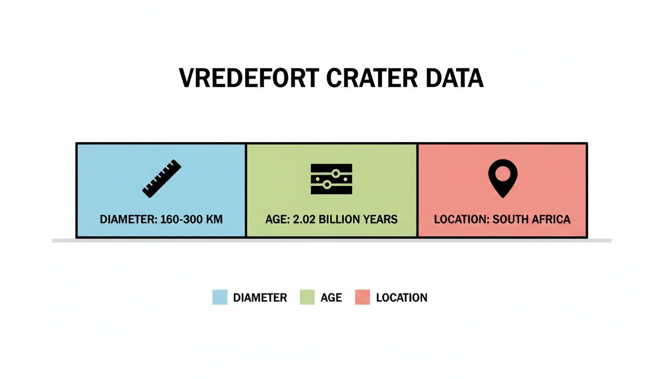 Infographic displaying Vredefort Crater data: 160-300 km diameter, 2.02 billion years old, located in South Africa.