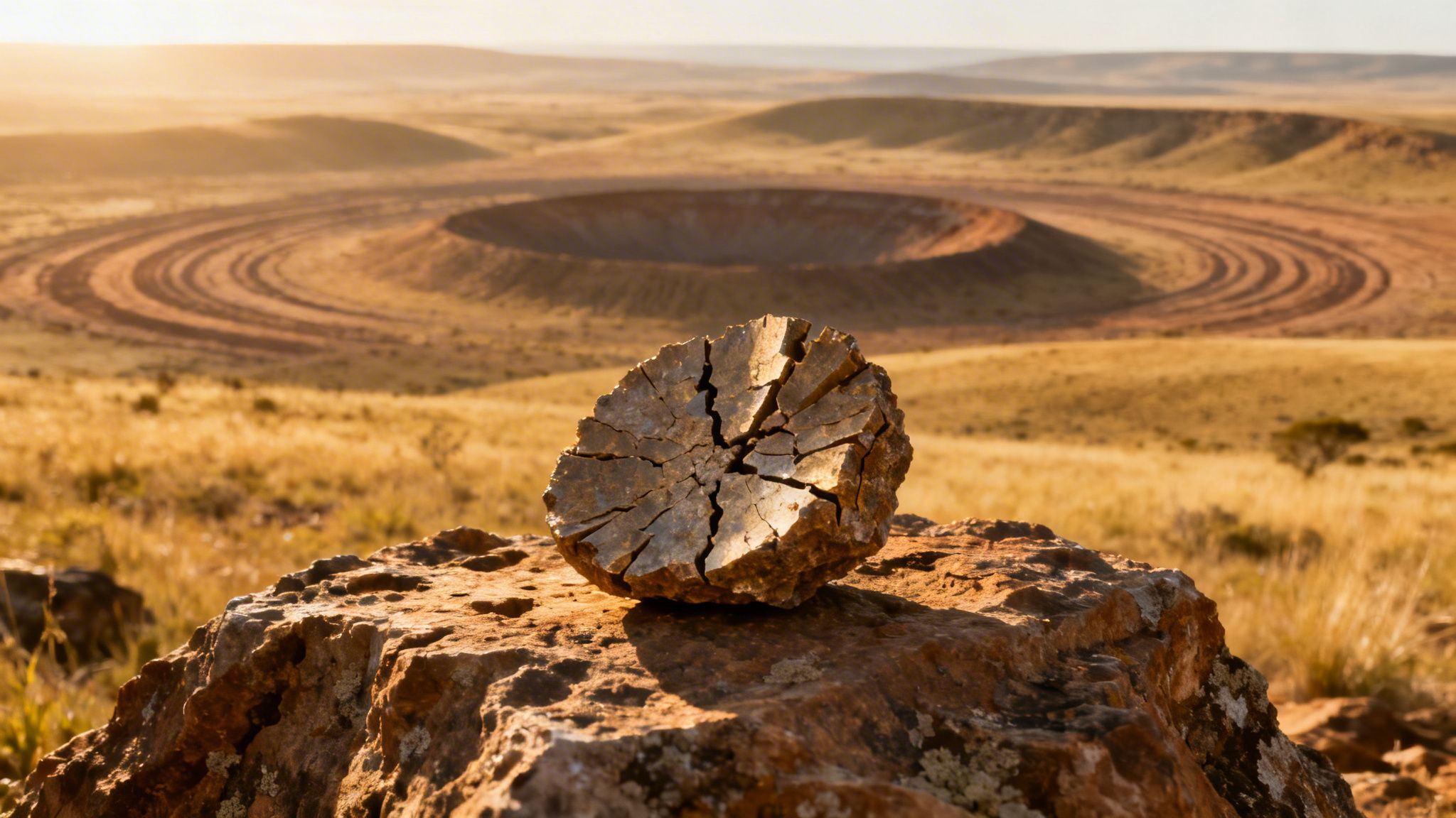 A cracked rock on a large stone overlooks a massive, circular crater in a golden desert landscape.