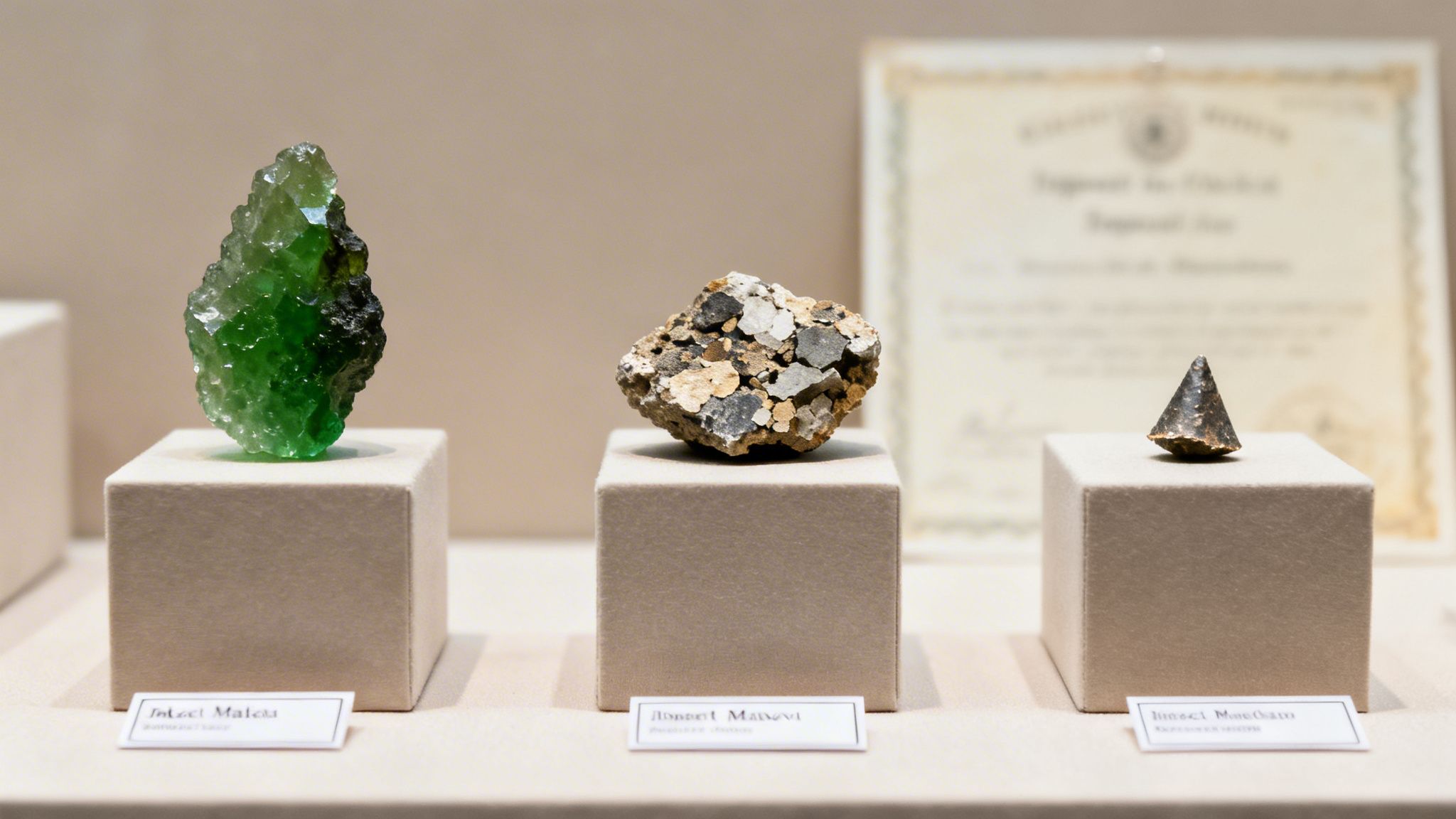 Three distinct geological samples on display, including a green crystal, a rocky meteorite, and a small dark cone.