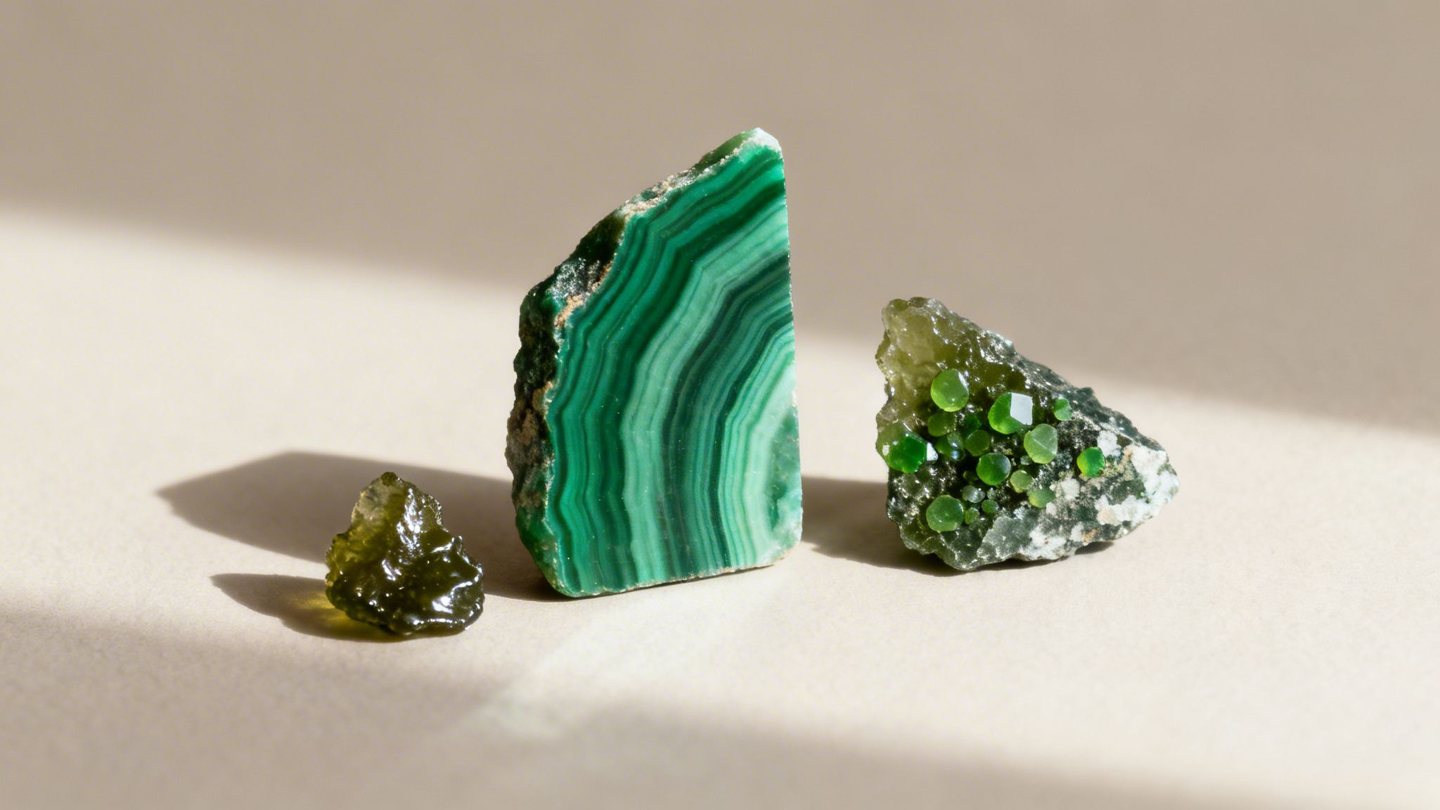 Three green mineral specimens, including malachite and garnets, displayed on a beige surface with shadows.