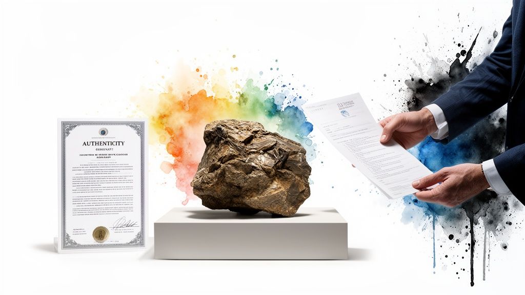 Authentic rock specimen on display with two official certification documents and vibrant background.