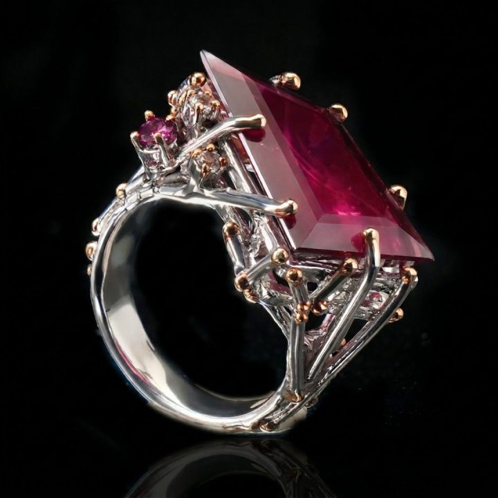 Handcrafted Rhodolite Garnet & White Topaz Sterling Silver Ring with Gold Accents
