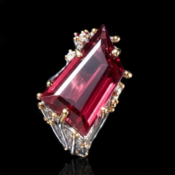 Handcrafted Rhodolite Garnet & White Topaz Sterling Silver Ring with Gold Accents