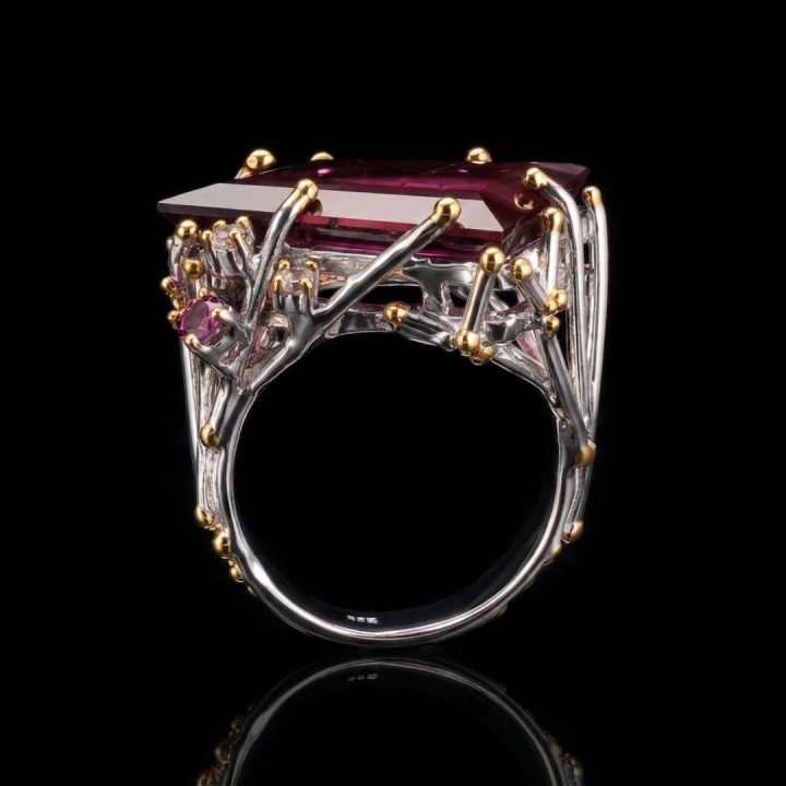Handcrafted Rhodolite Garnet & White Topaz Sterling Silver Ring with Gold Accents