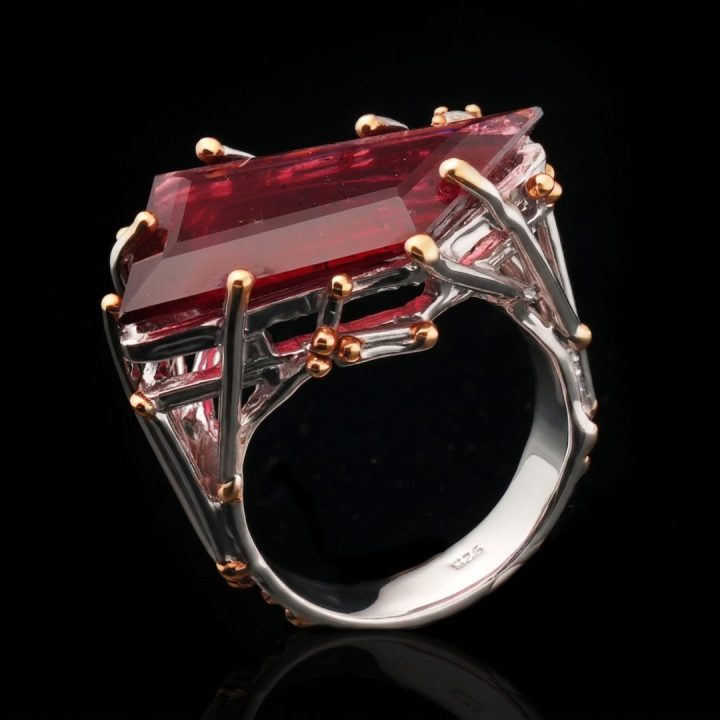 Handcrafted Rhodolite Garnet & White Topaz Sterling Silver Ring with Gold Accents