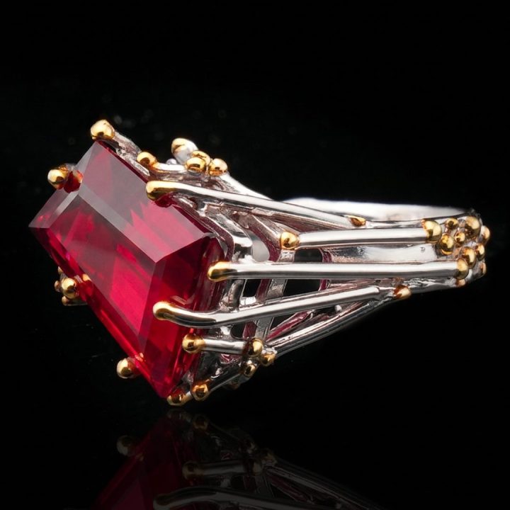 Handcrafted Rhodolite Garnet & White Topaz Sterling Silver Ring with Gold Accents