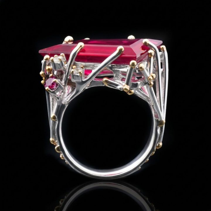 Handcrafted Rhodolite Garnet & White Topaz Sterling Silver Ring with Gold Accents