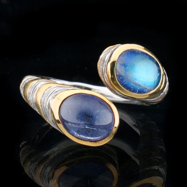 Two‑Toned Tanzanite and Spectrolite Ring in Sterling Silver and Gold