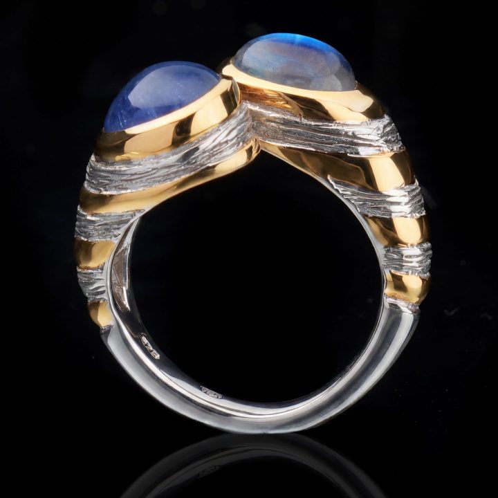 Two‑Toned Tanzanite and Spectrolite Ring in Sterling Silver and Gold