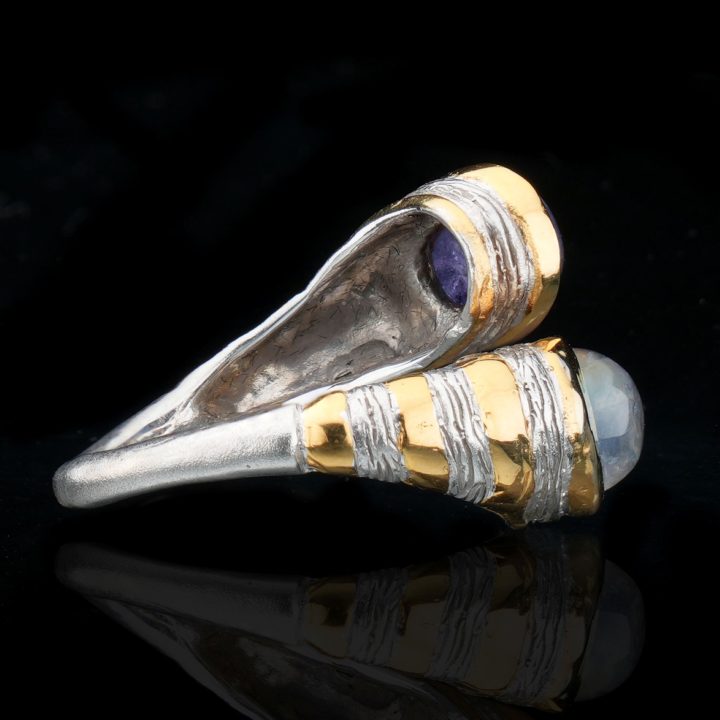 Two‑Toned Tanzanite and Spectrolite Ring in Sterling Silver and Gold