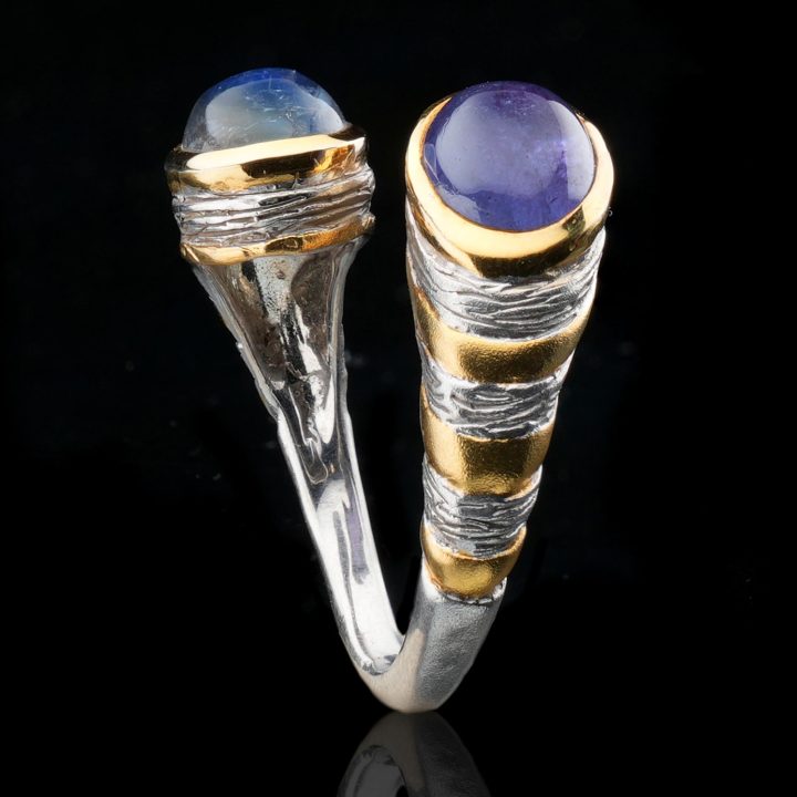 Two‑Toned Tanzanite and Spectrolite Ring in Sterling Silver and Gold