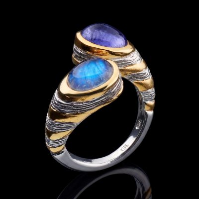 Two‑Toned Tanzanite and Spectrolite Ring in Sterling Silver and Gold