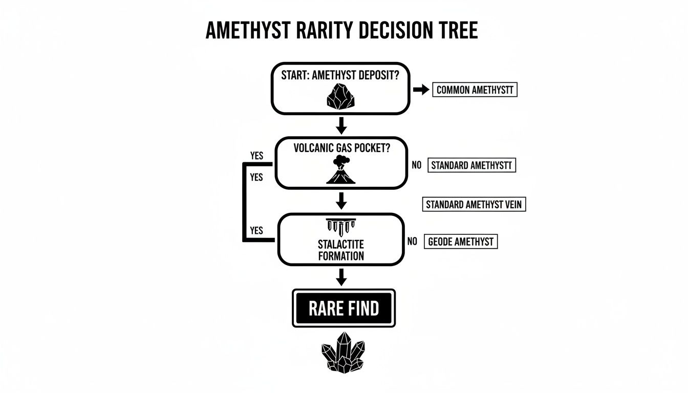 A decision tree illustrating the rarity of amethyst based on geological formations like volcanic gas pockets and stalactites.