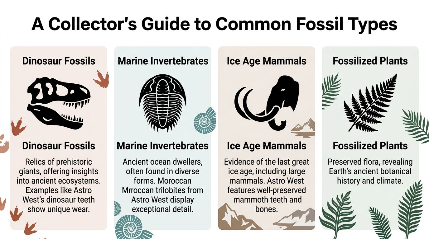 An infographic titled A Collector's Guide to Common Fossil Types displaying dinosaurs, marine invertebrates, mammals, and plants.