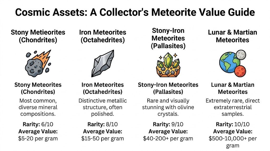A collector's guide table displaying rarity and average value per gram for four different meteorite types.