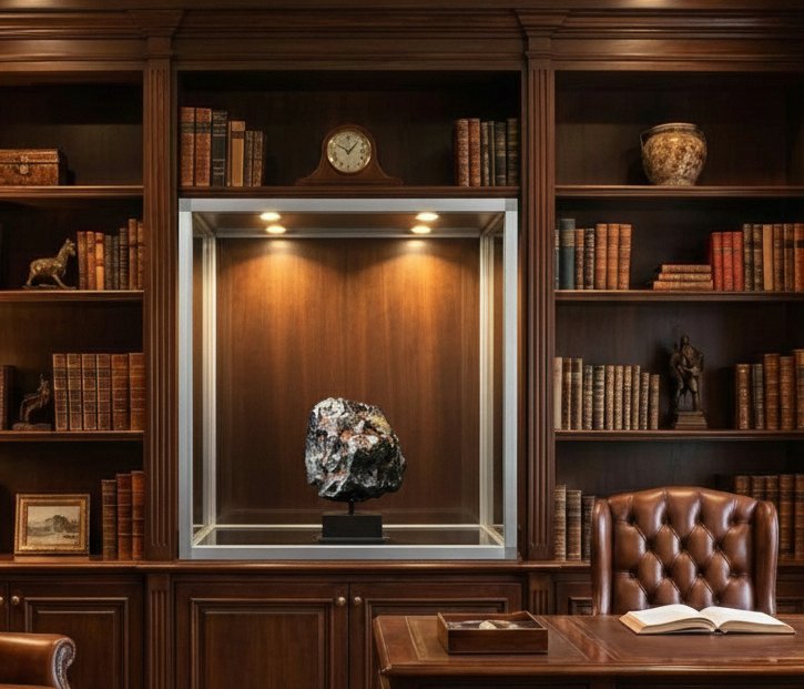 A large Campo del Cielo meteorite displayed in a lit glass case within a traditional wooden library office.