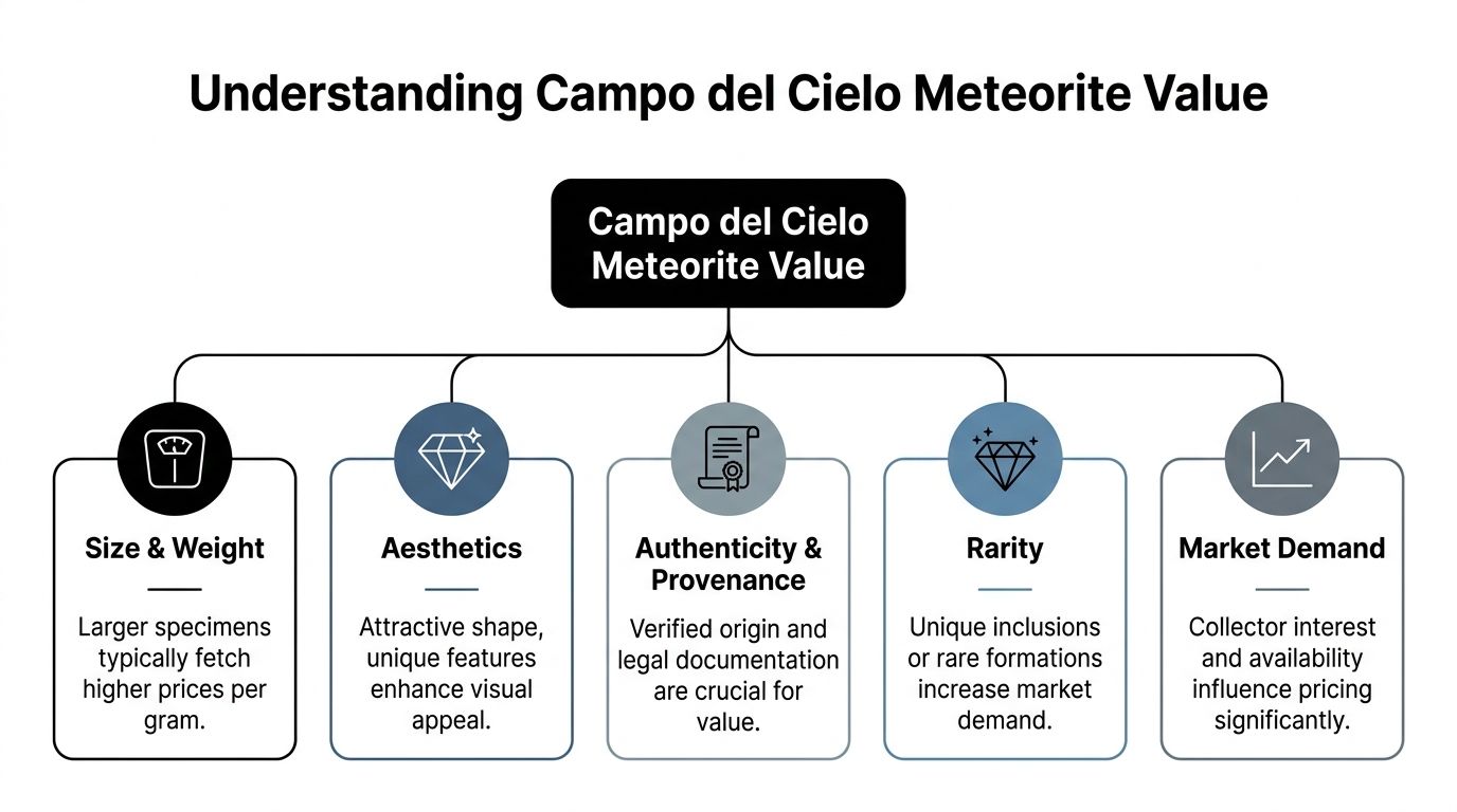 A flowchart showing five key factors that influence the market value of a Campo del Cielo meteorite.