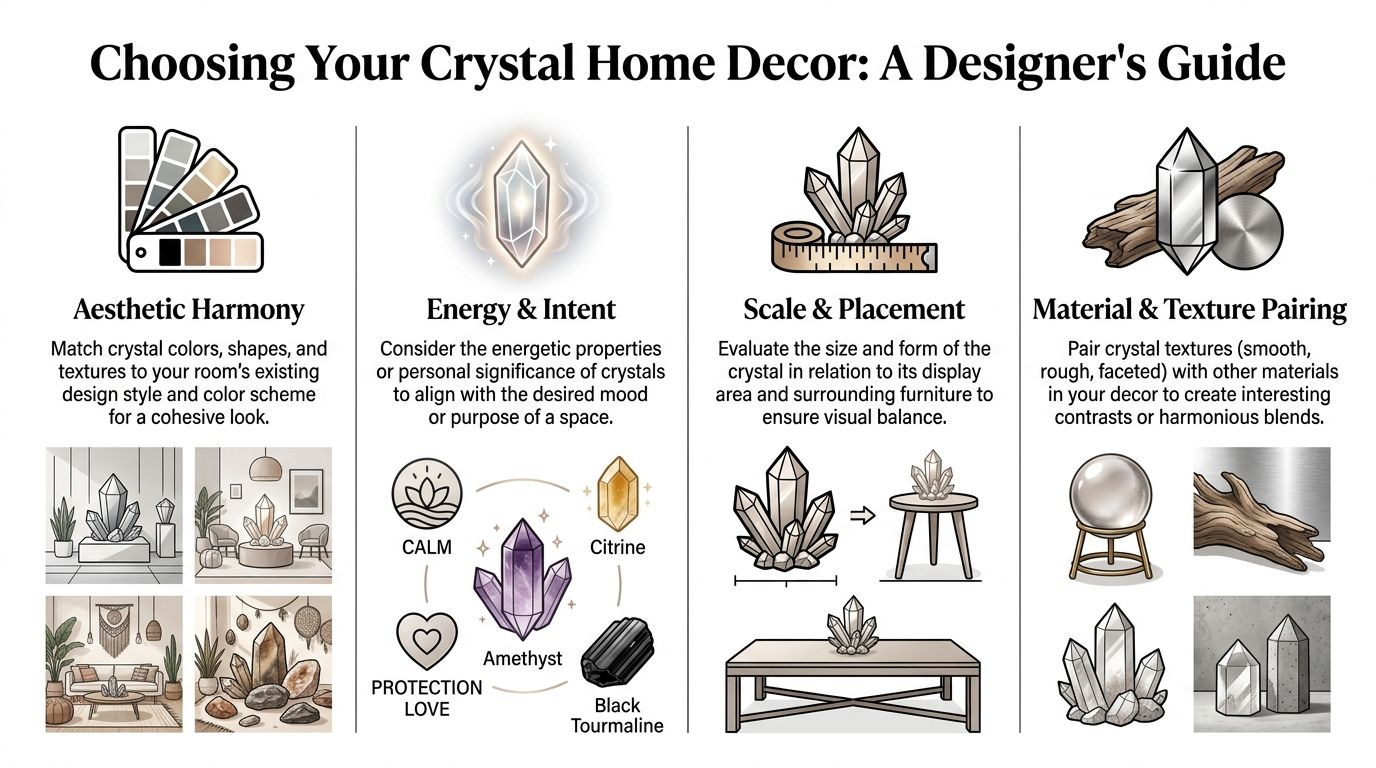An infographic titled Choosing Your Crystal Home Decor detailing design tips for selecting, placing, and styling crystals.