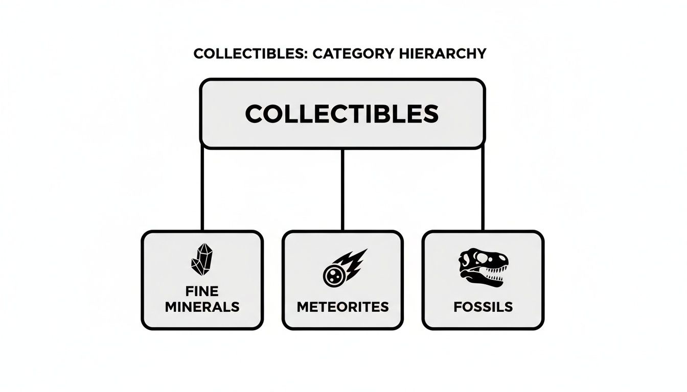 A category hierarchy chart showing Collectibles broken down into Fine Minerals, Meteorites, and Fossils.