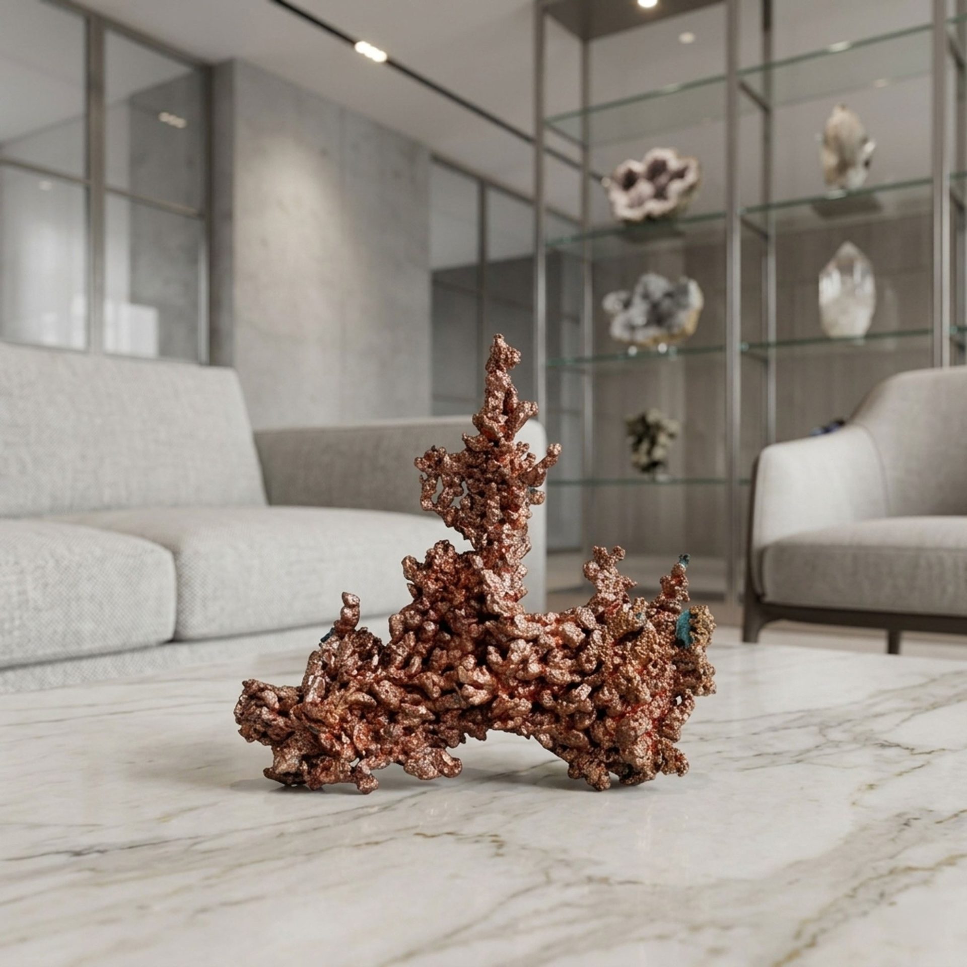 A large, reddish, textured copper mineral specimen sits on a white marble coffee table in a modern living room.
