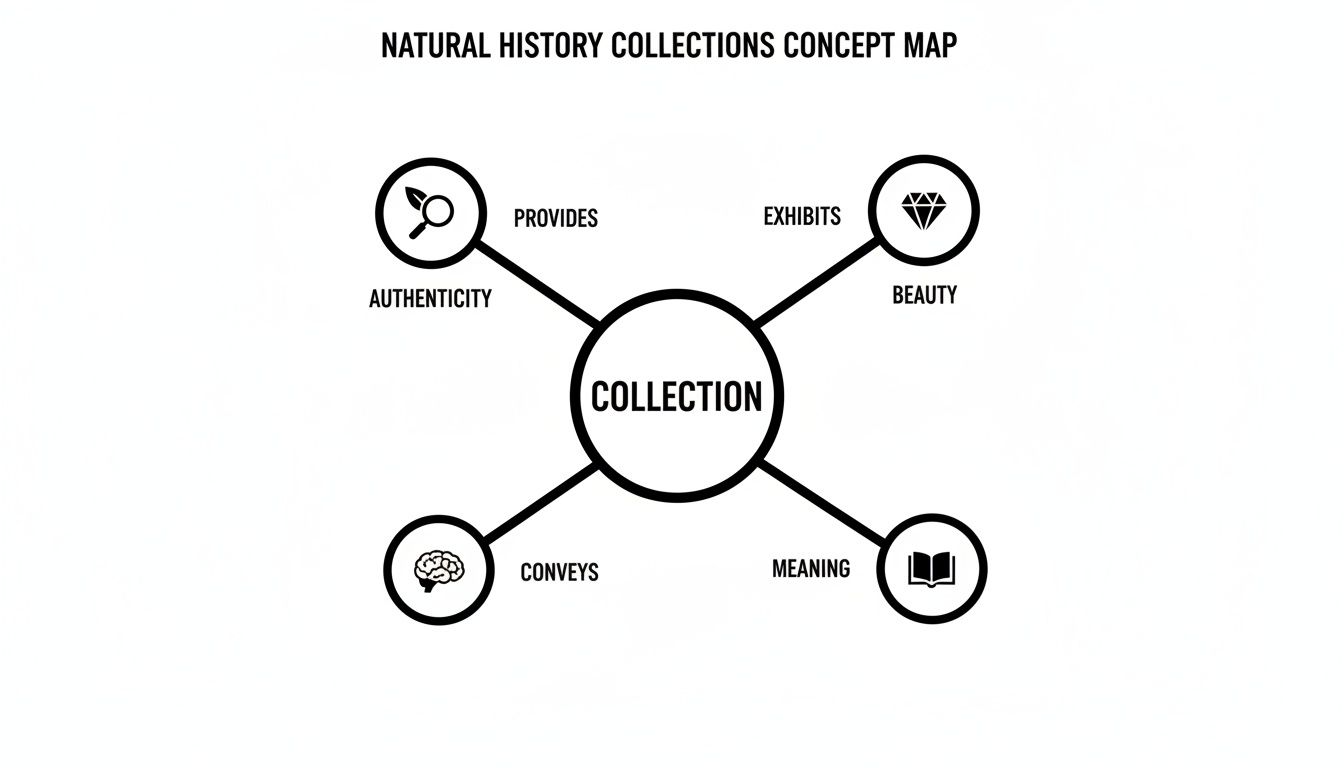 A concept map showing natural history collections provide authenticity, exhibit beauty, and convey meaning.
