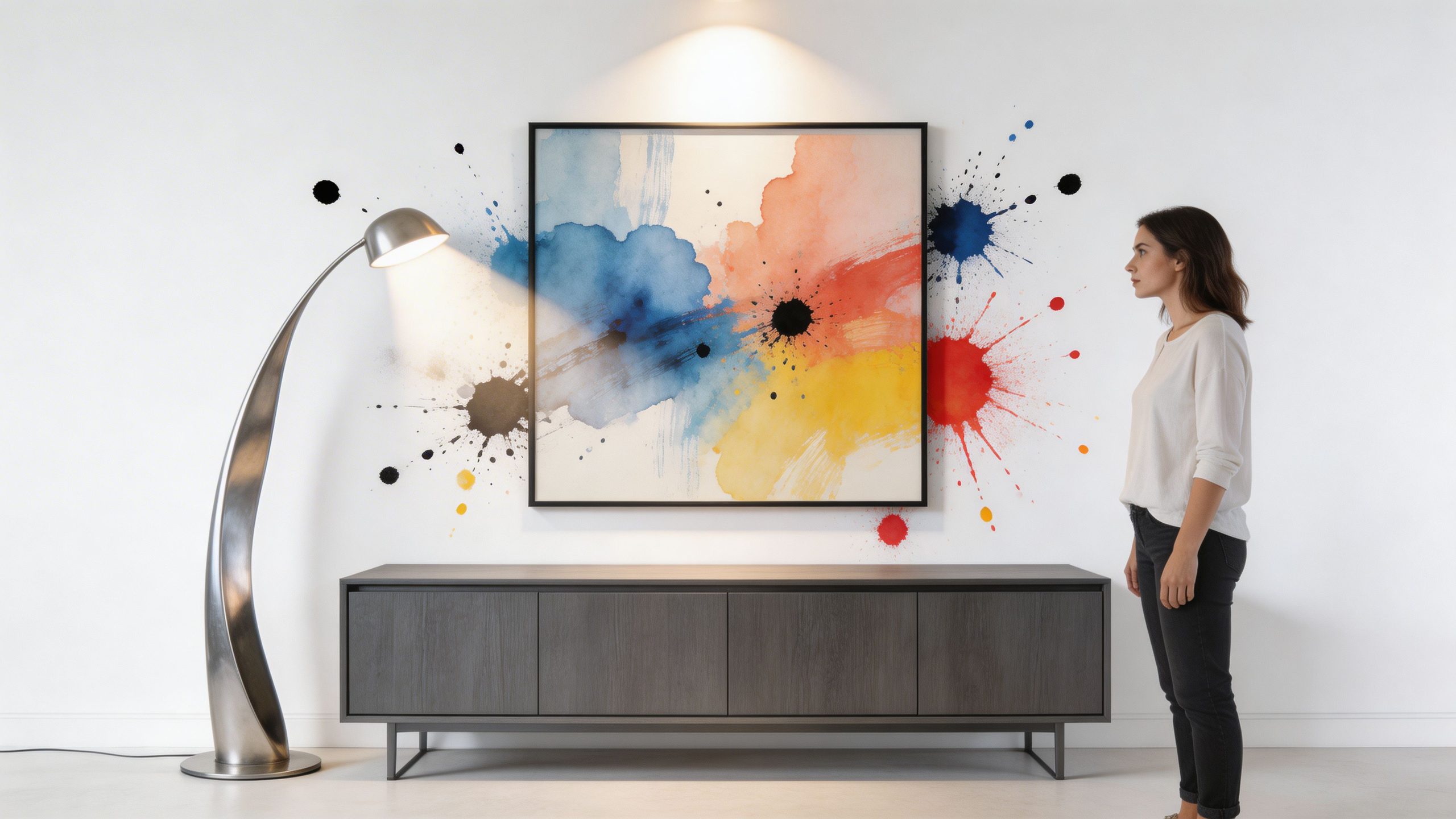 A woman stands beside a modern sideboard under a large, colorful abstract painting on a white wall.
