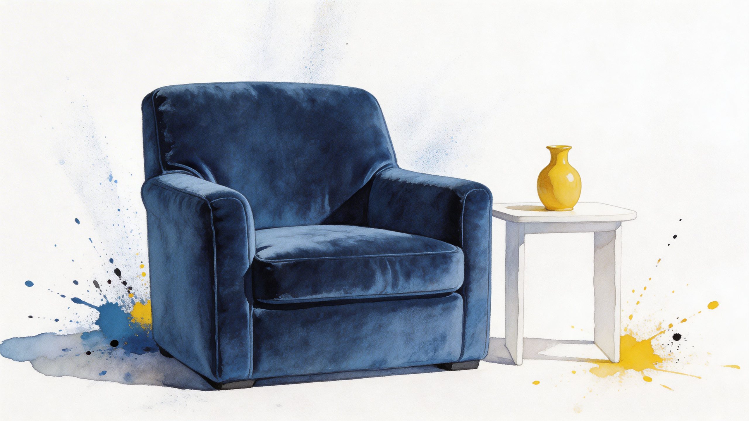 A luxurious blue velvet armchair next to a white side table with a yellow vase, watercolor style.
