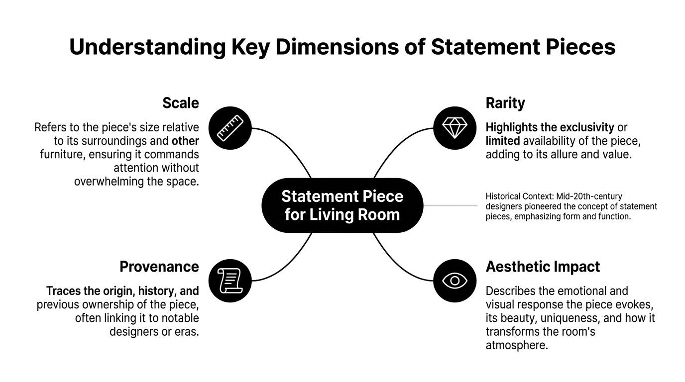 A diagram illustrating the four key dimensions of statement pieces for a living room, including scale, rarity, provenance, and aesthetic impact.