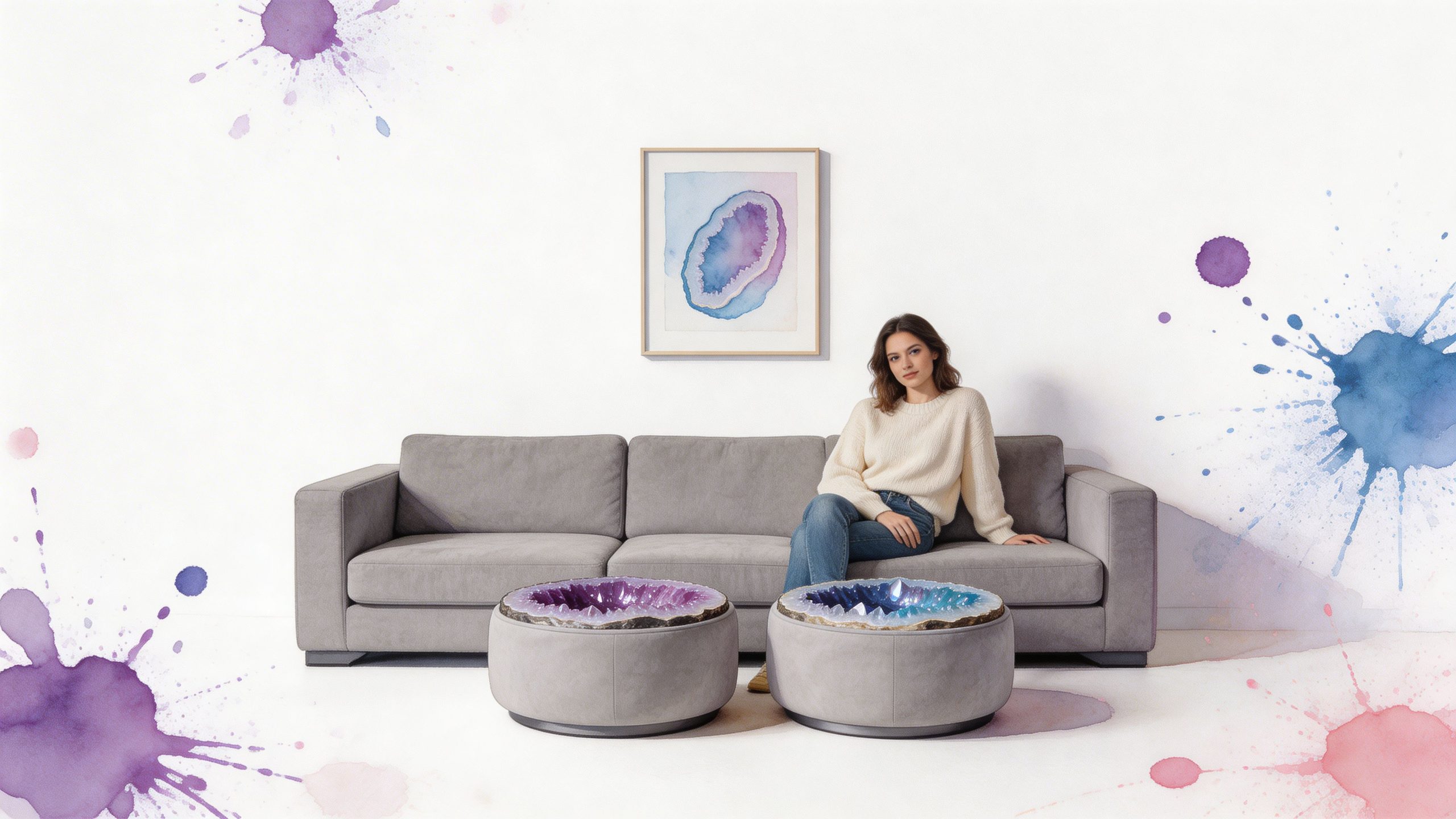A young woman sits on a grey sofa beside two circular amethyst and geode coffee tables.
