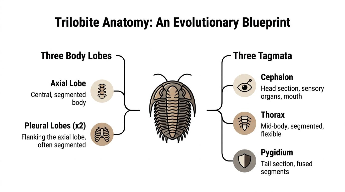 An educational infographic illustrating the trilobite anatomy, highlighting its three body lobes and three primary tagmata sections.