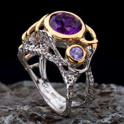 Two Tone Handcrafted Genuine Amethyst and Tanzanite Ring