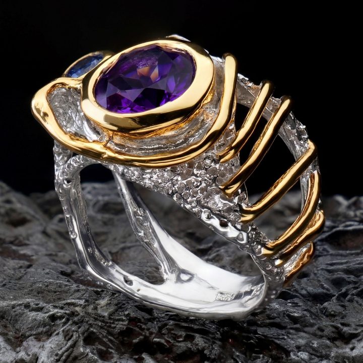 Two Tone Handcrafted Genuine Amethyst and Tanzanite Ring