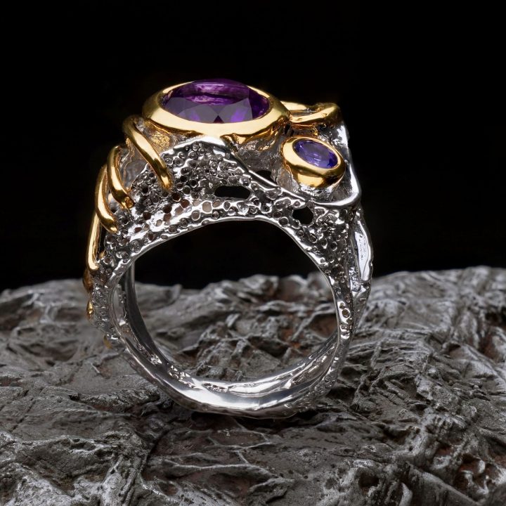 Two Tone Handcrafted Genuine Amethyst and Tanzanite Ring
