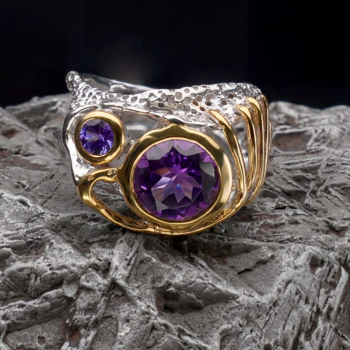 Two Tone Handcrafted Genuine Amethyst and Tanzanite Ring