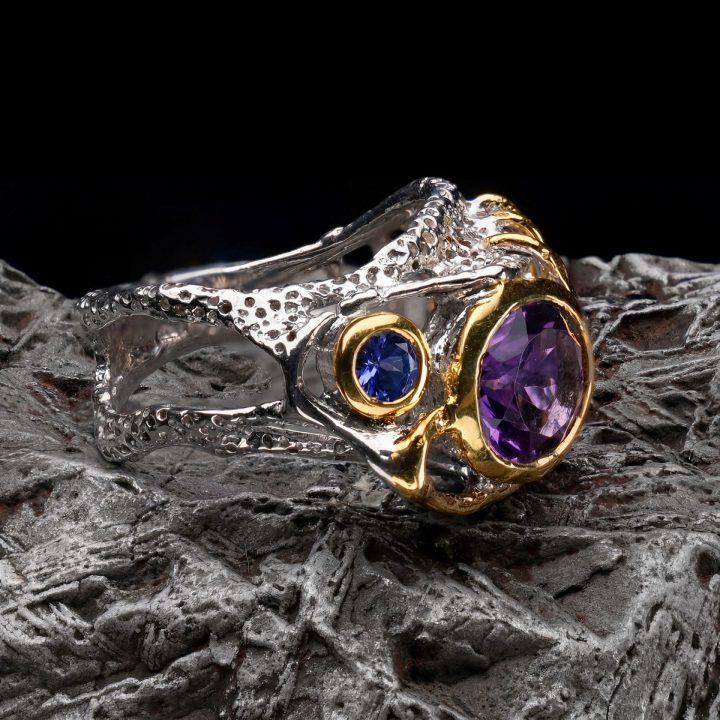 Two Tone Handcrafted Genuine Amethyst and Tanzanite Ring