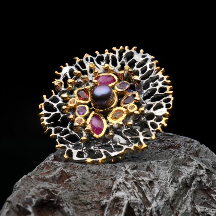 Hand Crafted Two Tone Black Pearl Ring with Multi Gemstone Accents