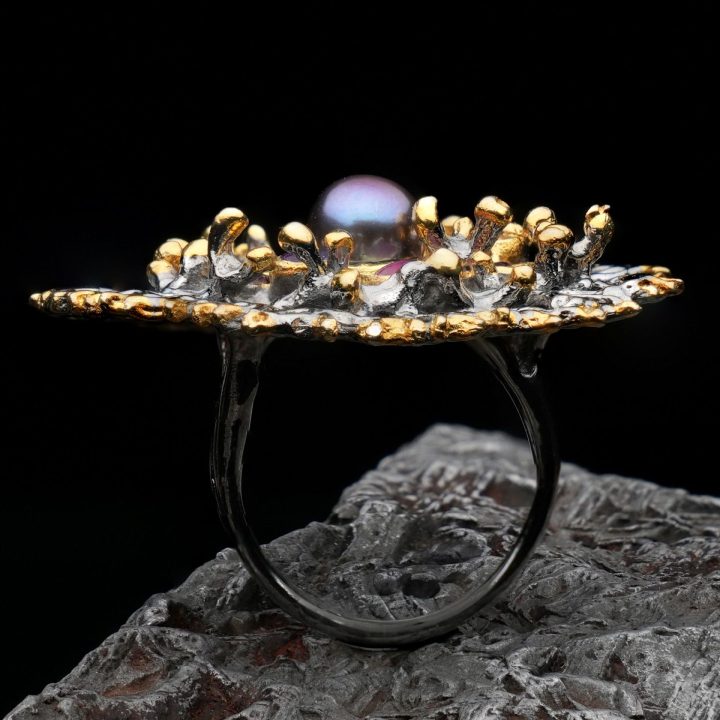 Hand Crafted Two Tone Black Pearl Ring with Multi Gemstone Accents