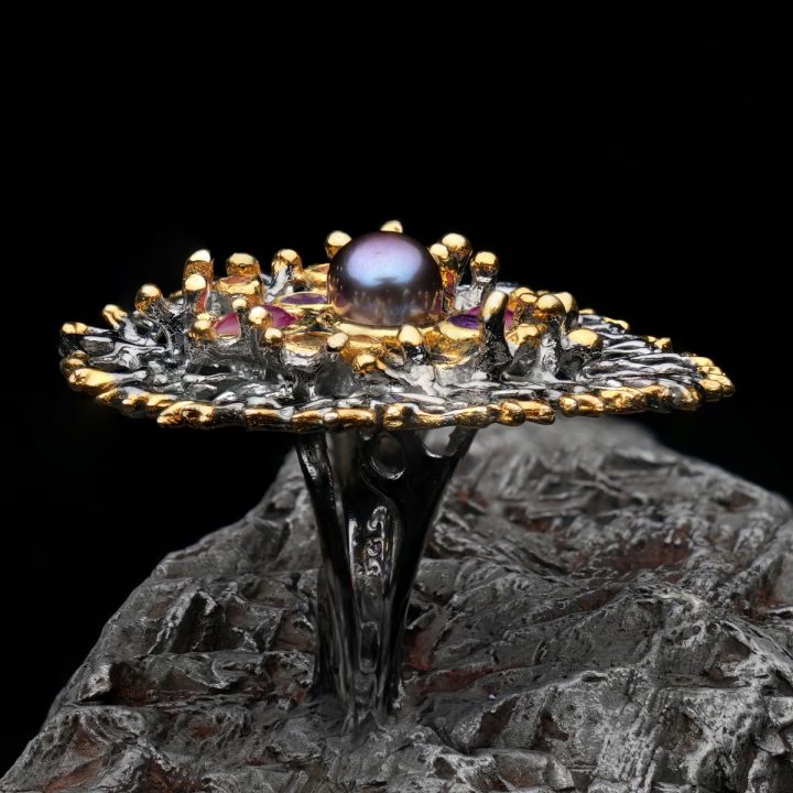 Hand Crafted Two Tone Black Pearl Ring with Multi Gemstone Accents