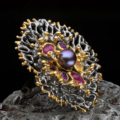 Hand Crafted Two Tone Black Pearl Ring with Multi Gemstone Accents