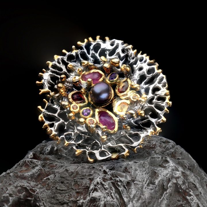 Hand Crafted Two Tone Black Pearl Ring with Multi Gemstone Accents
