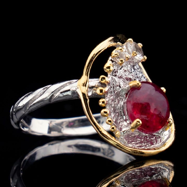 Hand‑Crafted Two‑Tone Genuine Ruby and White Topaz Ring
