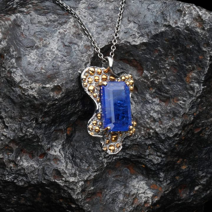 Natural Tanzanite Pendant Necklace on Sterling Silver with Gold Accents