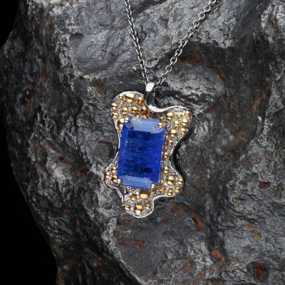 Natural Tanzanite Pendant Necklace on Sterling Silver with Gold Accents