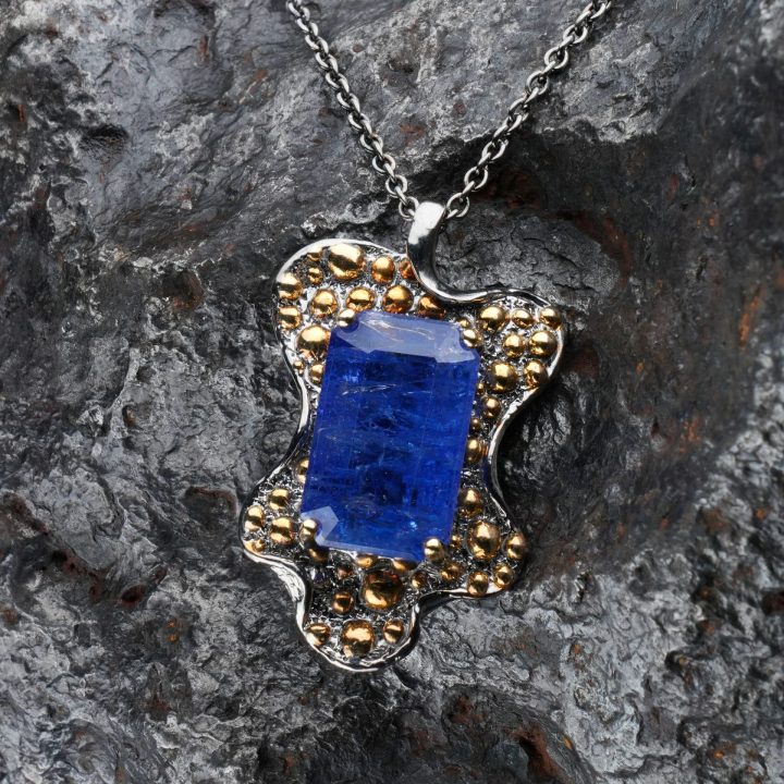 Natural Tanzanite Pendant Necklace on Sterling Silver with Gold Accents