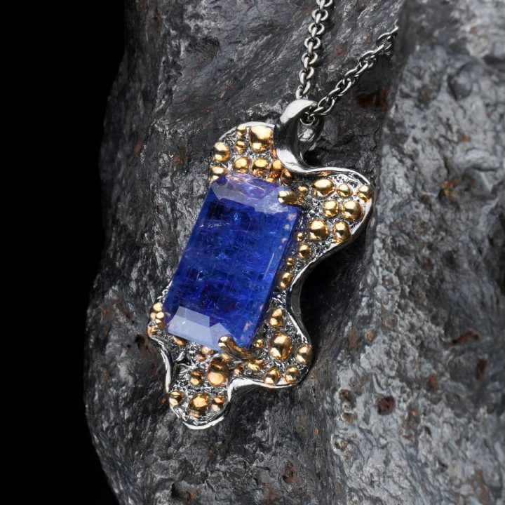 Natural Tanzanite Pendant Necklace on Sterling Silver with Gold Accents