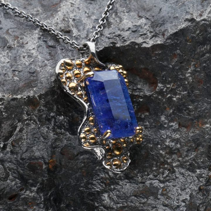 Natural Tanzanite Pendant Necklace on Sterling Silver with Gold Accents